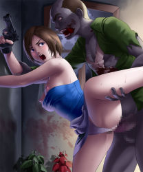 Rule 34 | 1girl, against wall, bare shoulders, blue eyes, blush, breasts, brown hair, censored, clothing aside, fingerless gloves, gloves, gun, highres, jill valentine, large breasts, leaning forward, leg up, legs, monster, nipples, no bra, open mouth, panties, panties aside, penis, pussy, rape, resident evil, sex, short hair, skirt, standing, sweat, thighs, thor (deep rising), underwear, vaginal, weapon, zombie