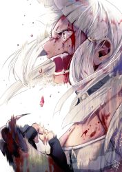 Rule 34 | 1girl, blood, blood on face, bloody tears, claw (weapon), fate/grand order, fate (series), grey eyes, highres, muri (pan&#039;ichi murimuri geinin), penthesilea (fate), profile, roaring, solo, weapon, white background, white hair