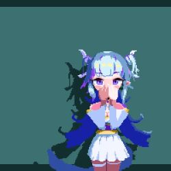 Rule 34 | 1girl, animated, aqua background, birdman46049238, blue hair, blush stickers, choker, collarbone, commission, dancing, detached sleeves, dragon girl, dragon horns, horns, indie virtual youtuber, long hair, looking at viewer, looping animation, multicolored hair, open mouth, pixel art, pointy ears, purple hair, purple sash, sash, shadow, sidelocks, simple background, skirt, smile, solo, strapless, surprised, tail, tail wagging, thigh strap, video, virtual youtuber, white skirt