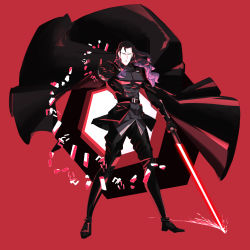 Rule 34 | 1boy, absurdres, belt, black cape, black footwear, black gloves, black hair, black thighhighs, boots, cape, energy sword, fate/grand order, fate (series), full body, gloves, highres, holding, holding weapon, lightsaber, long hair, looking at viewer, male focus, nikola tesla (fate), outstretched hand, red background, simple background, solo, standing, star wars, sword, thigh boots, thighhighs, viscontiapclyps, weapon