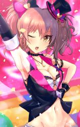 Rule 34 | 10s, 1girl, arm up, armpits, bare shoulders, black gloves, blush, bow, breasts, cleavage, earrings, gloves, groin, hair bow, hand on own hip, hat, heart, heart earrings, idolmaster, idolmaster cinderella girls, idolmaster cinderella girls starlight stage, jewelry, jougasaki mika, midriff, navel, one eye closed, open mouth, pendant, pink hair, short hair, solo, toho (kihon ha yappa), twintails, yellow eyes