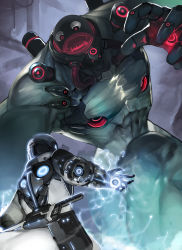 Rule 34 | 2others, abs, absurdres, arm support, armor, battle, bodysuit, commentary, facing away, from behind, glowing, gun, helmet, highres, looking at another, monster, multiple others, muscular, original, red eyes, ro g (oowack), science fiction, size difference, standing, tagme, weapon, weapon on back
