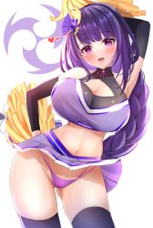Rule 34 | 1girl, absurdres, arm up, armpits, balut (7676i), black thighhighs, blunt bangs, blush, braid, breasts, cheerleader, cleavage, clothes lift, commentary request, detached sleeves, genshin impact, gluteal fold, hair ornament, halterneck, hand on own hip, heart, highres, large breasts, long hair, mole, mole under eye, navel, pom pom (cheerleading), purple eyes, purple hair, purple skirt, purple thighhighs, raiden shogun, simple background, skirt, skirt lift, smile, solo, standing, thighhighs, thighs, very long hair, white background