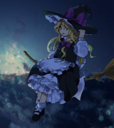 Rule 34 | 1girl, apron, black footwear, black hat, black skirt, black vest, blonde hair, bloomers, bow, broom, broom riding, commentary request, flying, full body, hair bow, hand on headwear, hand up, hat, hat bow, highres, kaigen 1025, kirisame marisa, long hair, long sleeves, open mouth, purple bow, shirt, shoes, sitting, skirt, socks, solo, touhou, underwear, vest, waist apron, white shirt, white socks, witch hat, yellow eyes
