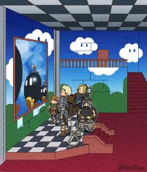 Rule 34 | 1girl, 3boys, armor, backpack, bag, beard, black hair, blonde hair, blue capelet, blue robe, bob-omb, boioibozo, bomb, boots, braid, brown gloves, brown hair, capelet, chainmail, checkered ceiling, checkered floor, chilchuck tims, cloud, commentary, corner, covered mouth, crossover, dungeon meshi, dwarf, elf, english commentary, explosive, facial hair, fake horns, french braid, gloves, green scarf, halfling, hands on own hips, helmet, highres, holding, holding rope, holding staff, hood, hood down, hooded capelet, horned helmet, horns, laios thorden, leather armor, long beard, long hair, long sleeves, looking up, marcille donato, mario (series), multiple boys, multiple braids, mustache, nintendo, painting (object), pants, parted bangs, pauldrons, plate armor, pointy ears, profile, railing, robe, rope, scarf, senshi (dungeon meshi), shin guards, shirt, short hair, shoulder armor, side braid, sprout, staff, stairs, standing, super mario 64, twitter username, vambraces, white shirt, wok