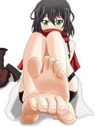 Rule 34 | 1girl, barefoot, black hair, blush, boots, covered mouth, feet, foot focus, green eyes, long hair, looking at viewer, nush advance, original, pov, red scarf, scarf, shoes, unworn shoes, shorts, soles, toes, wavy hair