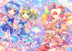 Rule 34 | 6+girls, :o, alternate costume, apron, bat wings, black dress, blonde hair, blue bow, blue dress, blue eyes, blue hair, blush, book, bow, capelet, cherry, choker, cirno, coa (chroo x), corset, cream, crescent, crescent hair ornament, daiyousei, doughnut, dress, eating, embodiment of scarlet devil, fairy wings, flandre scarlet, flower, food, fork, frilled dress, frilled skirt, frills, fruit, green hair, hair bow, hair ornament, hairband, hat, hat flower, hat ribbon, head wings, heart, hong meiling, izayoi sakuya, koakuma, long hair, long sleeves, looking at viewer, maid headdress, mob cap, multiple girls, necktie, open mouth, patchouli knowledge, polka dot, polka dot bow, puffy short sleeves, puffy sleeves, purple eyes, purple hair, red bow, red eyes, red ribbon, red skirt, remilia scarlet, ribbon, rumia, short hair, short sleeves, side ponytail, silver hair, sitting, skirt, smile, star (symbol), strawberry, striped clothes, striped dress, teapot, touhou, tray, waffle, wings, wrist cuffs, yellow bow