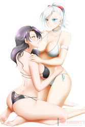 Rule 34 | 2girls, arm strap, ass, asymmetrical bangs, banned artist, barefoot, bikini, black bikini, black hair, blue eyes, bow, breasts, choker, cinder fall, cleavage, closed mouth, collarbone, earrings, eye contact, hair bow, hand on another&#039;s hip, hand on another&#039;s shoulder, high ponytail, highres, jewelry, kimmy77, kneeling, large breasts, long hair, looking at another, multiple girls, parted lips, red bow, rwby, shiny skin, shoulder blades, side-tie bikini bottom, sideboob, silver hair, simple background, sitting, soles, swimsuit, wariza, watermark, white background, white bikini, white choker, winter schnee, yellow eyes, yuri