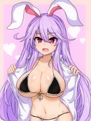 Rule 34 | 1girl, alternate costume, animal ears, bikini, bikini under clothes, black bikini, breasts, collarbone, flashing, front-tie top, groin, hair between eyes, halterneck, halterneck, heart, heart background, highres, large breasts, long hair, looking at viewer, open clothes, open mouth, pink background, purple hair, rabbit ears, red eyes, reisen udongein inaba, skindentation, smile, solo, sprout (33510539), swimsuit, touhou