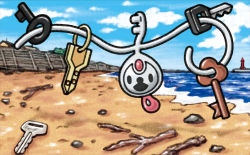 Rule 34 | :d, beach, black eyes, blue sky, cloud, cloudy sky, commentary, creature, creatures (company), day, english commentary, floating, full body, game freak, gen 6 pokemon, happy, house, key, klefki, looking at viewer, nintendo, no humans, ocean, official art, open mouth, outdoors, pokemon, pokemon (creature), pokemon tcg, rock, sand, sky, smile, solo, stick, third-party source, tower, water