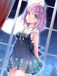 Rule 34 | 1girl, :d, ahoge, arms behind back, bare shoulders, blue dress, blush, breasts, commentary request, cowboy shot, crescent moon, crown, curtains, dress, green eyes, heterochromia, highres, himemori luna, himemori luna (sundress), hololive, indoors, looking at viewer, medium breasts, medium hair, mini crown, mogmog, moon, night, off-shoulder dress, off shoulder, open mouth, pink hair, print dress, purple eyes, smile, solo, standing, starry sky print, virtual youtuber, window