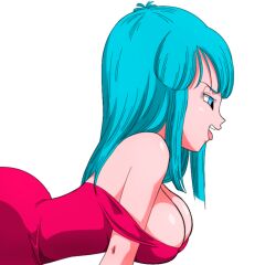 Rule 34 | 1girl, all fours, alternate breast size, bare shoulders, blue eyes, blue hair, blush, breasts, cleavage, dragon ball, dragonball z, dress, large breasts, long hair, looking to the side, maron (dragon ball), matching hair/eyes, naughty face, one breast out, open mouth, red dress, shiny skin, simple background, sleeveless, smile, solo, thighs, third-party edit, tongue, tongue out, wide hips, yamamoto doujin