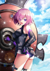 Rule 34 | &gt;:d, 1girl, :d, armor, armored dress, ass, black gloves, black leotard, blue sky, breasts, cloud, cloudy sky, cowboy shot, day, elbow gloves, eyes visible through hair, fate/grand order, fate (series), from behind, gloves, hair over one eye, holding, holding shield, large breasts, leg armor, lens flare, leotard, looking at viewer, mash kyrielight, open mouth, outdoors, pink hair, purple eyes, shield, short hair, sky, smile, solo, suishougensou, thighs, v-shaped eyebrows