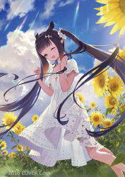 Rule 34 | 1girl, alternate costume, blanco026, blunt bangs, cloud, cloudy sky, company name, dress, field, floating hair, flower, flower field, hair ornament, hololive, hololive english, long hair, looking at viewer, ninomae ina&#039;nis, official art, one eye closed, open mouth, outdoors, purple eyes, purple hair, short sleeves, sky, solo, sunflower, sunflower field, sunlight, tentacle hair, twintails, virtual youtuber, white dress