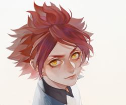 Rule 34 | 1boy, closed mouth, collared shirt, commentary request, grey background, highres, inazuma eleven, inazuma eleven (series), looking at viewer, male focus, murasaki (fioletovyy), nagumo haruya, portrait, red hair, shirt, signature, solo, symbol-shaped pupils, white shirt, yellow eyes