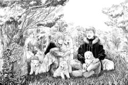 Rule 34 | 1boy, 1girl, ^ ^, aged down, animal, animal hug, animal on lap, boots, brother and sister, child, closed eyes, dancing singer, dappled sunlight, day, dog, dress, dungeon meshi, falin thorden, fur-trimmed vest, fur trim, grass, greyscale, highres, indian style, jacket, laios thorden, laughing, light smile, long hair, monochrome, nature, o-ring, on ground, on lap, open mouth, outdoors, multiple dogs, pants, shoe soles, shoes, short hair, siblings, sitting, sky, sleeping, squatting, sunlight, tongue, tongue out, traditional media, tree, vest, winter clothes, yawning
