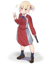 Rule 34 | 1girl, absurdres, aged down, blonde hair, blue ribbon, blue socks, blush, brown footwear, closed mouth, collared shirt, commentary, dress, english commentary, grey dress, gun, hair ribbon, handgun, highres, holding, holding gun, holding weapon, lewdrawings, loafers, long sleeves, looking at viewer, lycoris recoil, lycoris uniform, neck ribbon, nishikigi chisato, one side up, pleated dress, red dress, red eyes, red ribbon, ribbon, shirt, shoes, sidelocks, simple background, smile, socks, solo, sparkle, standing, two-tone dress, v, weapon, white background, white shirt