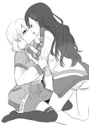 Rule 34 | 2girls, azusawa kohane, blush, closed eyes, commentary request, ear blush, earrings, french kiss, gradient hair, greyscale, hair ornament, hairclip, hands on another&#039;s face, highres, jacket, jewelry, kiss, kneeling, long hair, long sleeves, medium hair, monochrome, multicolored hair, multiple girls, open clothes, open jacket, over-kneehighs, partial commentary, project sekai, shiraishi an, shorts, sitting, skirt, socks, thighhighs, toridbd, twintails, white background, yuri