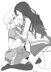 2girls azusawa_kohane blush closed_eyes commentary_request ear_blush earrings french_kiss gradient_hair greyscale hair_ornament hairclip hands_on_another&#039;s_face highres jacket jewelry kiss kneeling long_hair long_sleeves medium_hair monochrome multicolored_hair multiple_girls open_clothes open_jacket over-kneehighs partial_commentary project_sekai shiraishi_an shorts sitting skirt socks thighhighs toridbd twintails white_background yuri