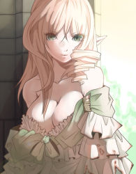 Rule 34 | 1girl, asymmetrical hair, bare shoulders, blonde hair, breasts, burnt clothes, cleavage, closed mouth, collarbone, colorized, dress, drill hair, elf, eyebrows, female focus, frills, green eyes, hair between eyes, kukua (mosushi), large breasts, long hair, looking at viewer, off shoulder, open clothes, original, pointy ears, solo, strapless, strapless dress, tukasac, upper body