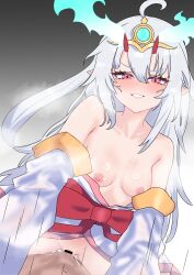 1boy 1girl bar_censor blush breasts censored cowgirl_position dragon_girl duel_monster dutch_angle flaming_horns grin highres japanese_clothes kimono kurikara_divincarnate looking_at_viewer nipples oldsickkim pointy_ears pov pussy red_eyes sex small_breasts smile solo_focus straddling white_hair yu-gi-oh!