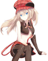 Rule 34 | 10s, 1girl, alisa ilinichina amiella, blue eyes, boots, breasts, cabbie hat, elbow gloves, fingerless gloves, gloves, god eater, god eater burst, hat, long hair, looking at viewer, navel, pantyhose, simple background, sitting, skirt, small breasts, solo, suspender skirt, suspenders, thigh boots, thighhighs, underboob, white background, white hair, yudough