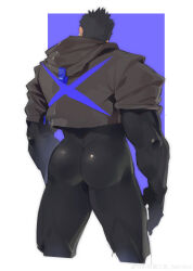 Rule 34 | 1boy, absurdres, ass, ass focus, bara, bodysuit, cropped jacket, cropped legs, ear piercing, facing away, from behind, highres, hood, hood down, hooded jacket, jacket, large hands, latex, latex bodysuit, male focus, muscular, muscular male, original, piercing, rathalosx4, short hair, solo, thick thighs, thighs, two-tone background, x