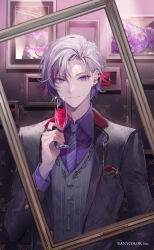 Rule 34 | 1boy, black jacket, bouquet, champagne coupe, champagne flute, collared shirt, comb over, copyright notice, cup, drinking glass, ear piercing, earclip, earrings, empty picture frame, flower, formal, fuwa minato, fuyuomi, grey vest, holding, holding cup, jacket, jewelry, lapel pin, lapels, looking at viewer, male focus, multicolored hair, necktie, nijisanji, notched lapels, patterned clothing, petals, picture frame, piercing, pink flower, pinstripe pattern, pinstripe vest, pocket square, purple eyes, purple flower, purple hair, purple necktie, purple shirt, red hair, ring, shirt, short hair, smile, solo, streaked hair, striped, striped necktie, suit jacket, upper body, vest, virtual youtuber, wallpaper (object), white hair
