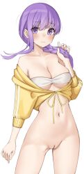 Rule 34 | 1girl, absurdres, asymmetrical hair, bandeau, bare shoulders, bb (fate), bb (fate) (all), bb (swimsuit mooncancer) (fate), bb (swimsuit mooncancer) (first ascension) (fate), blush, braid, breasts, cleavage, cleft of venus, collarbone, cropped jacket, fate/grand order, fate (series), highres, jacket, kopaka (karda nui), large breasts, long hair, long sleeves, looking at viewer, midriff, miniskirt, no panties, purple eyes, purple hair, pussy, single braid, skirt, solo, thighs, very long hair, yellow jacket, yellow skirt