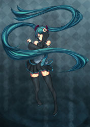 Rule 34 | 1girl, 7h2o, bad id, bad pixiv id, black thighhighs, blue eyes, blue hair, detached sleeves, female focus, full body, hair ornament, hatsune miku, highres, long hair, matching hair/eyes, miniskirt, necktie, pleated skirt, skirt, sleeves past wrists, solo, standing, thighhighs, twintails, very long hair, vocaloid, zettai ryouiki