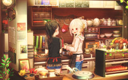 Rule 34 | 2girls, aiuabo, albino, animal hood, apple, apron, basket, black apron, black shirt, blue skirt, blush, book, bottle, bowl, calendar (object), clock, coffee, commentary request, cookie, cooking, denim, denim shorts, faucet, food, fortissimo, frilled shirt, frills, fruit, hair bun, hair ornament, highres, hood, hood down, hoodie, indoors, jar, kitchen, long hair, long sleeves, looking at another, microwave, multiple girls, musical note, musical note hair ornament, original, oven mitts, pinecone, pink hoodie, ponytail, red apron, red eyes, shirt, short sleeves, shorts, siblings, sidelocks, single hair bun, sisters, skirt, teapot, waist apron, wallpaper, wreath