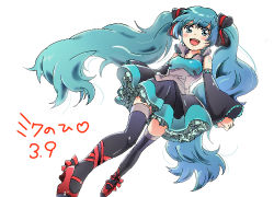 Rule 34 | 1girl, aqua eyes, aqua hair, asao, bad id, bad pixiv id, blush, character name, dated, detached sleeves, hair ribbon, hatsune miku, high heels, long hair, open mouth, petticoat, ribbon, simple background, skirt, solo, thighhighs, twintails, very long hair, vocaloid, white background