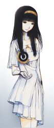 Rule 34 | 1girl, absurdres, black eyes, black hair, commentary, detached collar, dress, feason, gloves, gnosia, gradient background, grey background, hairband, highres, hime cut, long hair, looking to the side, solo, standing, white dress, white gloves, yellow hairband, yuriko (gnosia)