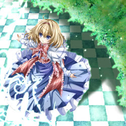 Rule 34 | 1girl, alice margatroid, bad id, bad pixiv id, blonde hair, blue eyes, capelet, checkered floor, female focus, floor, hairband, nanase nao, nature, short hair, solo, touhou