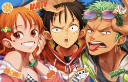 Rule 34 | 1girl, 2boys, alternate costume, black hair, character name, eyewear on head, green hair, highres, jolly roger, looking at viewer, monkey d. luffy, multiple boys, nami (one piece), oekakiboya, one piece, orange hair, roronoa zoro, scar, short hair, smile, straight-on, straw hats jolly roger, sunglasses, teeth, tongue, tongue out