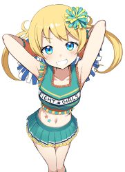 Rule 34 | 10s, 1girl, :d, absurdres, aqua shirt, armpits, arms behind back, arms up, bare shoulders, blonde hair, blouse, blue eyes, blush, breasts, cheerleader, clothes writing, collarbone, eyelashes, from above, greatmosu, grin, hair ornament, highres, kiratto pri chan, looking at viewer, medium breasts, midriff, miniskirt, moegi emo, navel, open mouth, pleated skirt, pom pom (cheerleading), pretty series, shirt, simple background, skirt, sleeveless, sleeveless shirt, smile, solo, standing, star (symbol), stomach, teeth, twintails, v-shaped eyebrows, white background