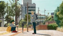 Rule 34 | 2boys, adrxwberri, backpack, bag, bakugou katsuki, blonde hair, boku no hero academia, brown footwear, building, bush, closed mouth, collared shirt, commentary, day, english commentary, freckles, from side, green hair, green pants, grey bag, grey jacket, highres, holding, holding notebook, holding strap, jacket, knees up, long sleeves, looking at another, male focus, midoriya izuku, multiple boys, necktie, notebook, outdoors, pants, power lines, red footwear, red necktie, scenery, school uniform, shadow, shirt, shoes, short hair, sidelocks, sitting, smile, standing, tree, u.a. school uniform, white shirt, yellow bag