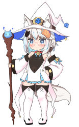 Rule 34 | 1girl, animal ear fluff, animal ears, bailingxiao jiu, bell, black leotard, blue eyes, blue hair, blush, boots, braid, closed mouth, covered navel, detached sleeves, dress, ears through headwear, fox hair ornament, frilled dress, frills, full body, glasses, hair ornament, hand on own hip, hat, highres, holding, holding staff, jingle bell, leotard, long sleeves, multicolored hair, original, pigeon-toed, pleated dress, short dress, side braid, silver hair, simple background, sleeves past wrists, solo, staff, standing, star-shaped pupils, star (symbol), symbol-shaped pupils, tail, thigh boots, thighhighs, two-tone hair, white background, white dress, white footwear, white hat, white sleeves, white thighhighs, wide sleeves, witch hat