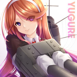 Rule 34 | 1girl, adapted turret, asymmetrical sidelocks, black gloves, black jacket, blazer, cannon, character name, drill hair, gloves, gradient hair, hairband, highres, jacket, kantai collection, long sleeves, looking at viewer, multicolored hair, necktie, orange hair, purple eyes, purple hair, red necktie, rigging, school uniform, seiya (iiseven), side drill, smile, smokestack, solo, white hairband, yuugure (kancolle)