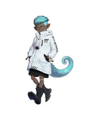 Rule 34 | 1boy, absurdres, ale55, aqua hair, arknights, black footwear, blue hair, chameleon tail, dark-skinned male, dark skin, earrings, ethan (arknights), full body, gloves, goggles, goggles on head, hand in pocket, highres, hood, jacket, jewelry, looking at viewer, male focus, pointy ears, simple background, solo, tail, white background