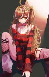 Rule 34 | :o, absurdres, ahoge, asymmetrical legwear, black choker, black leg warmers, black skirt, black sweater, brown eyes, brown hair, chain, chain necklace, choker, emo fashion, hand on floor, heart, heart choker, highres, hololive, hololive english, huge ahoge, jewelry, lace-trimmed choker, lace trim, light, light particles, looking at viewer, mismatched legwear, multicolored hair, nanashi mumei, nanashi mumei (emo), necklace, official alternate costume, official alternate hairstyle, on floor, one side up, open mouth, pleated skirt, red sweater, satori illustrator, sitting, skirt, sleeves past wrists, streaked hair, striped clothes, striped sweater, sweater, sweater under shirt, torn clothes, torn sweater, two-tone sweater, virtual youtuber, white leg warmers