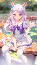 Rule 34 | 1girl, absurdres, animal ears, aqua ribbon, arm between legs, bench, blouse, blurry, blurry background, blush, bow, breasts, collarbone, commentary request, day, ear ribbon, eyelashes, feet out of frame, floating hair, grass, hand up, high-waist skirt, highres, horse ears, horse girl, jiyasu, light particles, light purple hair, long hair, looking at viewer, medium breasts, mejiro mcqueen (umamusume), neck ribbon, open mouth, outdoors, parted bangs, pleated skirt, puffy short sleeves, puffy sleeves, purple eyes, purple ribbon, purple shirt, ribbon, sailor collar, school uniform, serafuku, shirt, short sleeves, sidelocks, sitting, skirt, smile, solo, tears, thighhighs, tracen school uniform, tsurime, umamusume, waving, white skirt, white thighhighs, wind