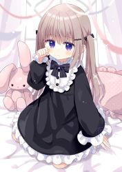 Rule 34 | 1girl, bed sheet, black bow, black dress, blurry, blurry background, blush, bow, brown hair, closed mouth, commentary, depth of field, dress, frilled dress, frilled pillow, frills, hair between eyes, hair bow, hair ornament, hairclip, hand up, highres, long hair, long sleeves, nakkar, original, pillow, puffy long sleeves, puffy sleeves, purple eyes, sleeves past wrists, solo, striped, striped bow, stuffed animal, stuffed rabbit, stuffed toy, tears, twintails, very long hair, wiping tears