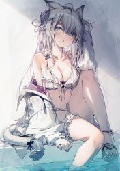Rule 34 | 1girl, :o, ahoge, animal ears, bare shoulders, bikini, blue eyes, braid, breasts, cleavage, collarbone, commentary request, flower, front-tie bikini top, front-tie top, grey hair, hair flower, hair ornament, halterneck, hand up, highres, jacket, knee up, large breasts, bridal garter, long hair, looking at viewer, navel, off shoulder, open clothes, open jacket, original, parted lips, sitting, slippers, solo, stomach, string bikini, swimsuit, tail, thighs, tiger ears, tiger girl, tiger tail, white jacket, yatsuha (hachiyoh)