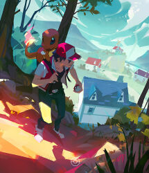 Rule 34 | 1boy, animal, backpack, bag, baseball cap, black hair, black shirt, carrying, carrying bag, charmander, cloud, cloudy sky, collarbone, commentary, covered eyes, creatures (company), english commentary, fangs, fire, game freak, gen 1 pokemon, hat, holding, holding poke ball, house, jacket, male focus, nintendo, open mouth, outdoors, piggyback, poke ball, pokemon, pokemon (creature), pokemon rgby, red (pokemon), red jacket, shadow, sharp teeth, shirt, short hair, short sleeves, signature, sky, standing, tail, teeth, toni infante, windmill