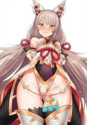 1girl, 2nske poke, animal ear fluff, animal ears, blush, breasts, cat ears, facepaint, frown, green eyes, groin, highres, low twintails, medium breasts, nia (blade) (xenoblade), nia (xenoblade), solo, spoilers, twintails, wide hips, xenoblade chronicles (series), xenoblade chronicles 2