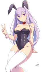 Rule 34 | 1girl, animal ears, black leotard, bow, bowtie, breasts, detached collar, fake animal ears, feet out of frame, large breasts, leotard, long hair, looking at viewer, matsuzaki yutaka, original, pantyhose, playboy bunny, purple eyes, purple hair, rabbit ears, red bow, red bowtie, sitting, solo, strapless, strapless leotard, thighhighs, v, white thighhighs, wrist cuffs