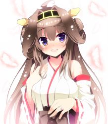 Rule 34 | 10s, 1girl, ahoge, bare shoulders, blush, breasts, brown hair, crying, crying with eyes open, detached sleeves, double bun, feathers, female focus, fingernails, hair bun, hairband, happy tears, inuzumi masaki, japanese clothes, jewelry, kantai collection, kongou (kancolle), large breasts, long hair, looking at viewer, nontraditional miko, open mouth, purple eyes, ring, smile, solo, streaming tears, tears, wedding band, wedding ring, wide sleeves