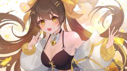 Rule 34 | 1girl, amatya, black choker, breasts, brown hair, choker, cleavage, commission, confetti, hair between eyes, hair ribbon, heart-shaped lock, highres, indie virtual youtuber, jacket, large breasts, long sleeves, looking at viewer, nirugiri tea, open mouth, ribbon, second-party source, skeb commission, smile, solo, twintails, upper body, virtual youtuber, yellow eyes, yellow ribbon