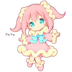 Rule 34 | 1girl, aikei ake, blue bow, blue eyes, blush, bow, chibi, closed mouth, dress, frilled dress, frilled sleeves, frills, full body, hair between eyes, hair ornament, hair scrunchie, head tilt, highres, long sleeves, looking at viewer, original, personification, pink dress, pink footwear, pink hair, scrunchie, shoes, simple background, smile, solo, translation request, twintails, white background, yellow scrunchie